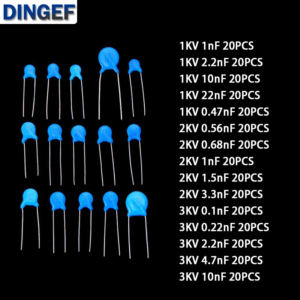 300PCS 15 Values 1KV 2KV 3KV 0.1nF-22nF High Voltage Ceramic Disc Capacitors  0.47NF 0.56NF 2.2NF 1NF 2.2NF 10NF 22NF
