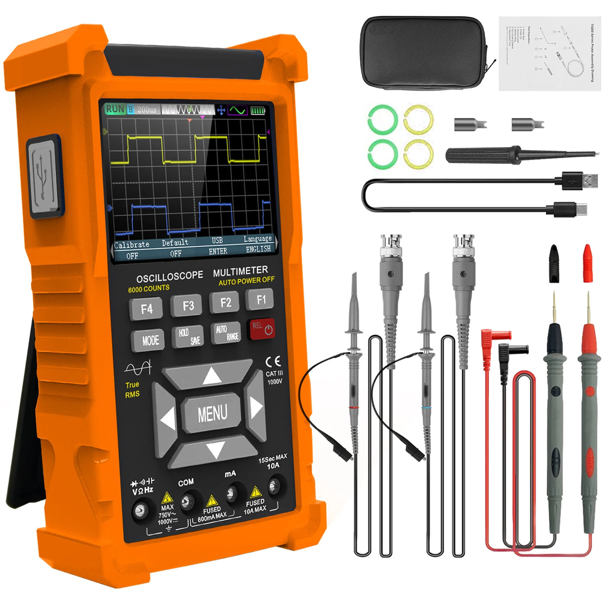 3 in 1 Oscilloscope Multimeter, Handheld Signal Generator, 50MHz Lab Oscilloscopes with 2 Channel, 200M/280MSa/s, USB C Voltage