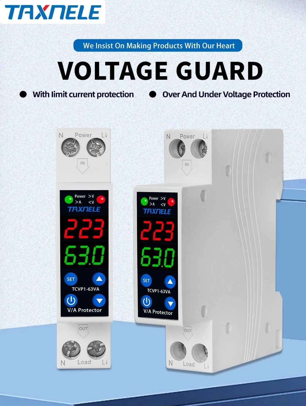 18MM 1P+N 63A 230V Dual Display Adjustable Digital Over Under Voltage Relay Surge Protector Limit Over Current Protection