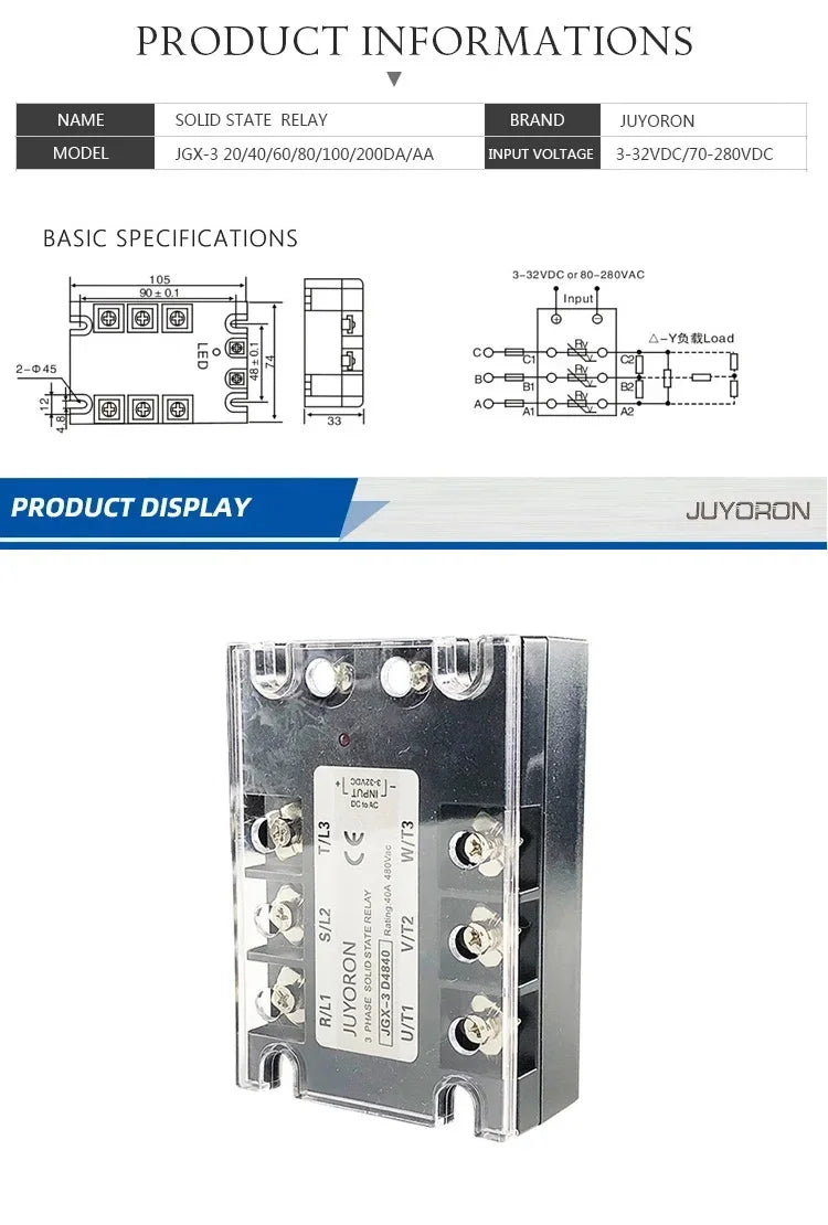 3 Phase DC-AC 10A 25A 40A DA 60A 80A 100A 200A Three Phase SSR 3-32V DC Control 24-480V AC Solid State Relay SSR JGX-3 D4840