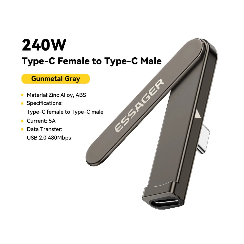 Essager Dual Type C Foldable Elbow Bracket 240W Charging Adapter 2-in-1 Converter for iphone 17 16 15 Huawei Xiaomi Samsung Oppo