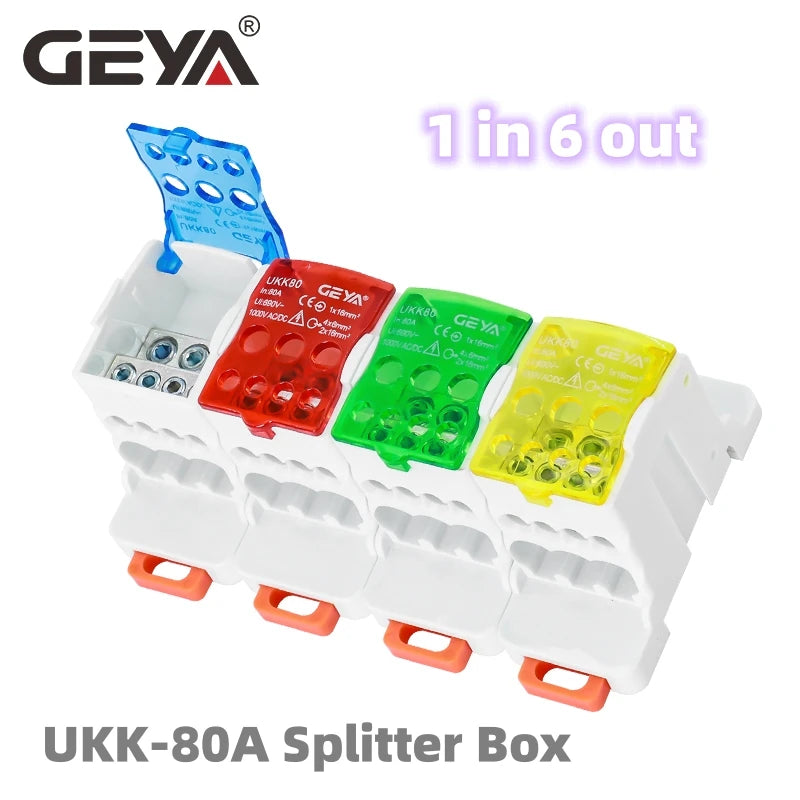 GEYA UKK-80A Distribution Box Din Rail Terminal Block 1 In 6Out Power Junction Box 80A Universal Electric Wire Connector
