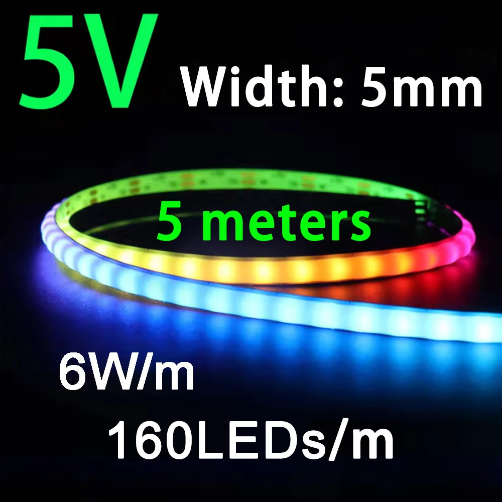 WS2812B COB LED Strip Lights DC5V 5mm Full Color SPI RGB-IC 100/160LEDs Individually Addressable Smart Pixels Tape Light