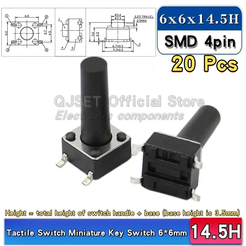 20pcs SMD Tactile Switch 6*6*4.3mm 6x6x5/6/7/8/9/10/11/12/13/14mm 6X6 4-Pin SMT Induction Oven Touch Tactile Button Micro Switch