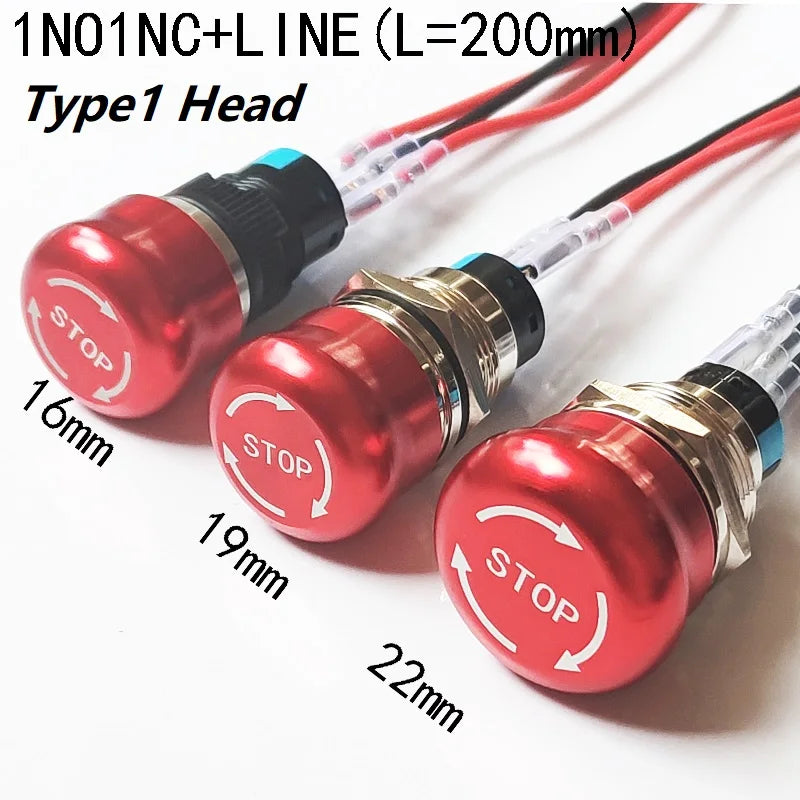 16mm 19mm 22mm Emergency Stop Metal Button Mushroom Head Push Button Stop Switch 1NO1NC 2NO2NC Latching Switch Retention On Off