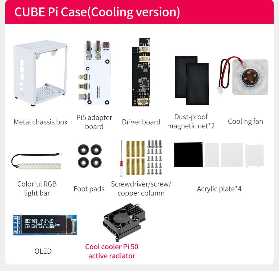 Raspberry Pi 5 Case Protective Kit with Cooling Fan RGB Color Light and 0.96 Screen Display DIY Electronic Shell Support M.2 SSD