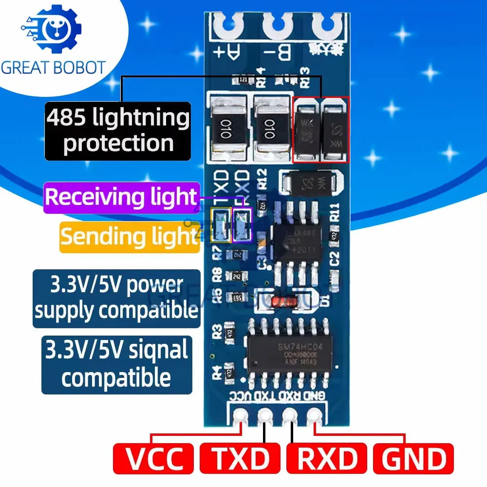BS TTL to RS485 & RS485 to Serial UART Level Mutual Conversion Module - Automatic Flow Control, 3.3V & 5V Power Supply