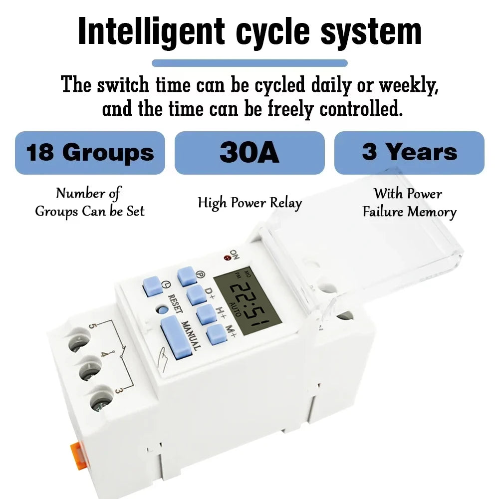EARU DC AC 220V 12V THC15A 30A Electronic Weekly 7 Days Programmable LCD Digital Timer Switch Relay Control Din Rail 1NO1NC 1NO