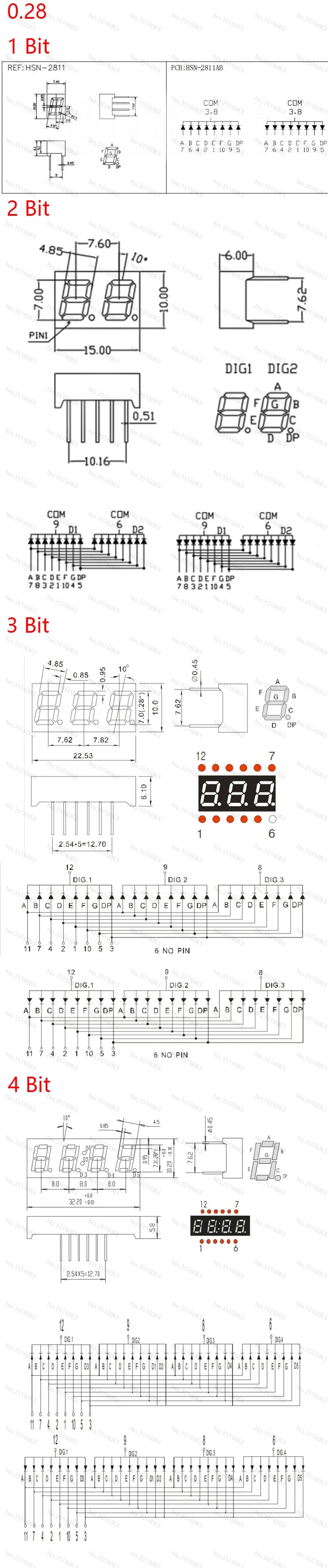 5Pcs LED Digital Tube Display 0.28/0.36/0.4/0.56/0.8-Inch 1/2/3/4-Bit 7 Segment Common Cathode/Anode Red/White/Yellow/Green/Blue
