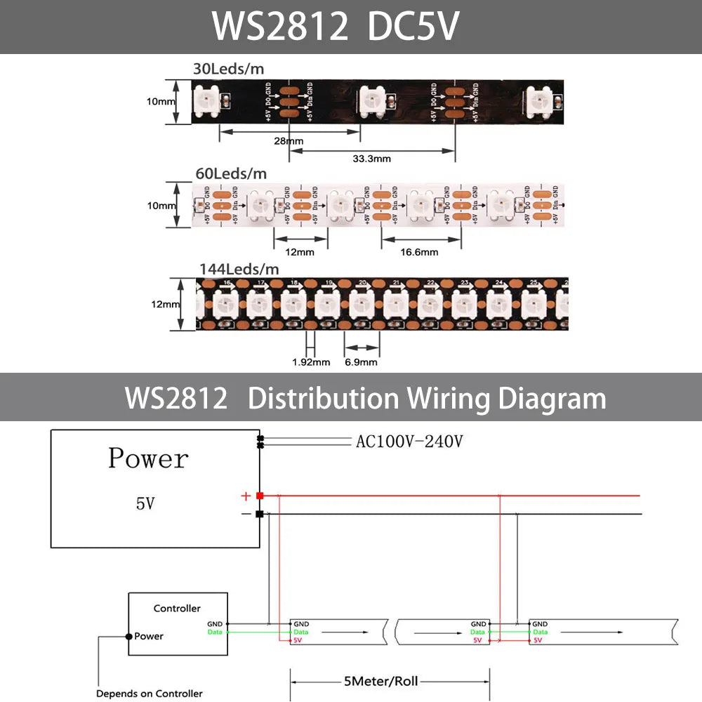 WS2811 WS2812B WS2815 WS2815 RGB LED Strip WS2812 Individually Addressable 30/60/144Pixels/Leds/m Tape Light IP30/65/67 DC5V/12V