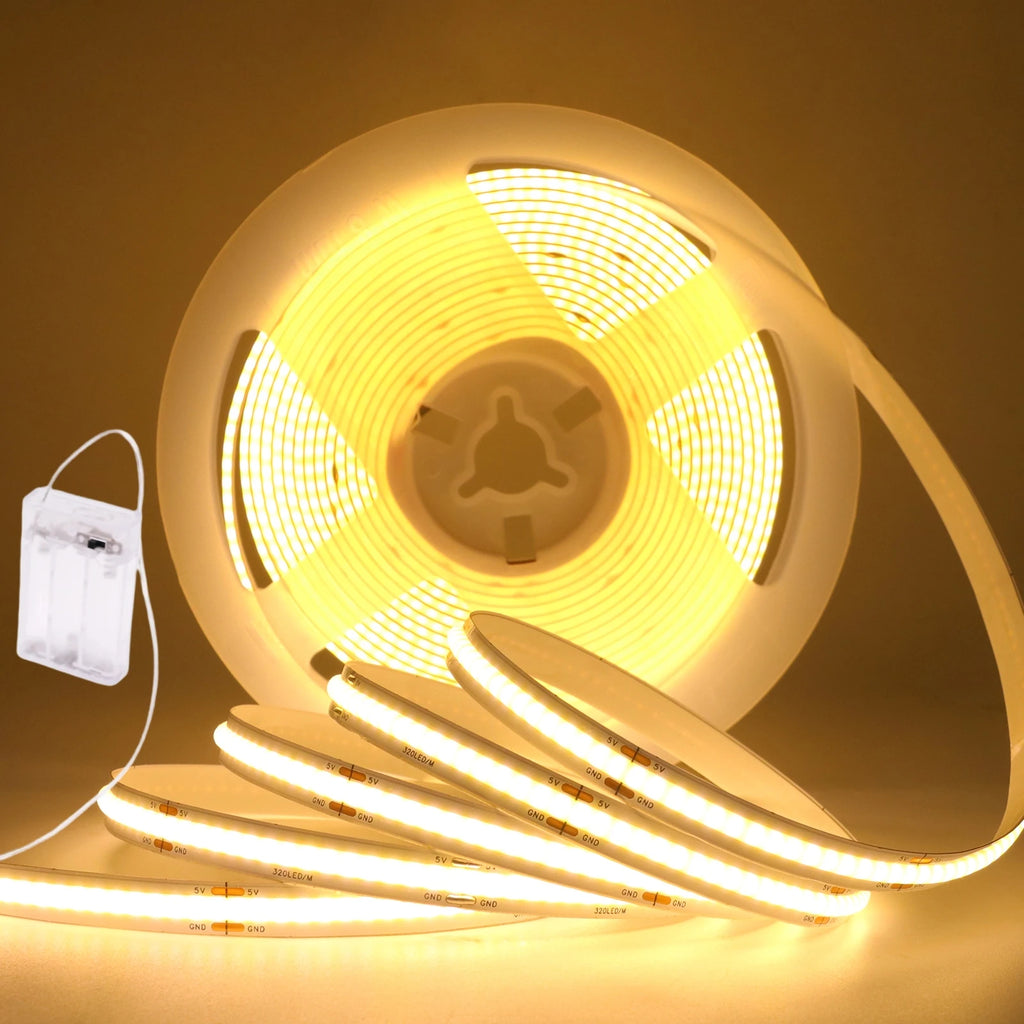 3AA Battery Box 5V COB Led Strip 8MM 320LEDs/M Warm Natural Cool White Flexible COB Strip Light for Bedroom Cabinet TV Backlight