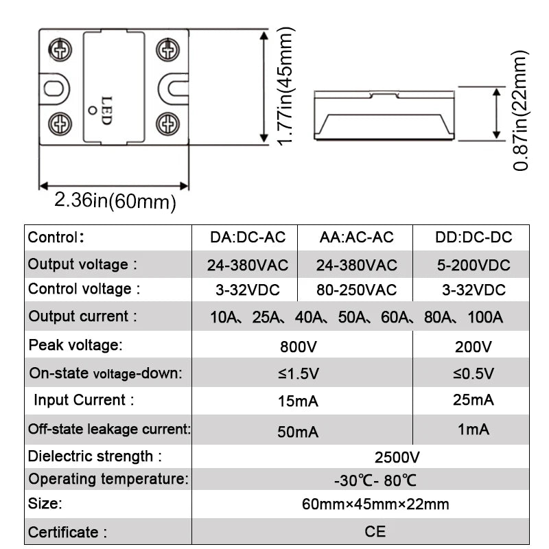 LCTC 1PCS SSR Solid State Relay DC To AC to DC 10A 25A 40A 50A 60A 80A 100A Zero-crossing Relay 3-32VDC