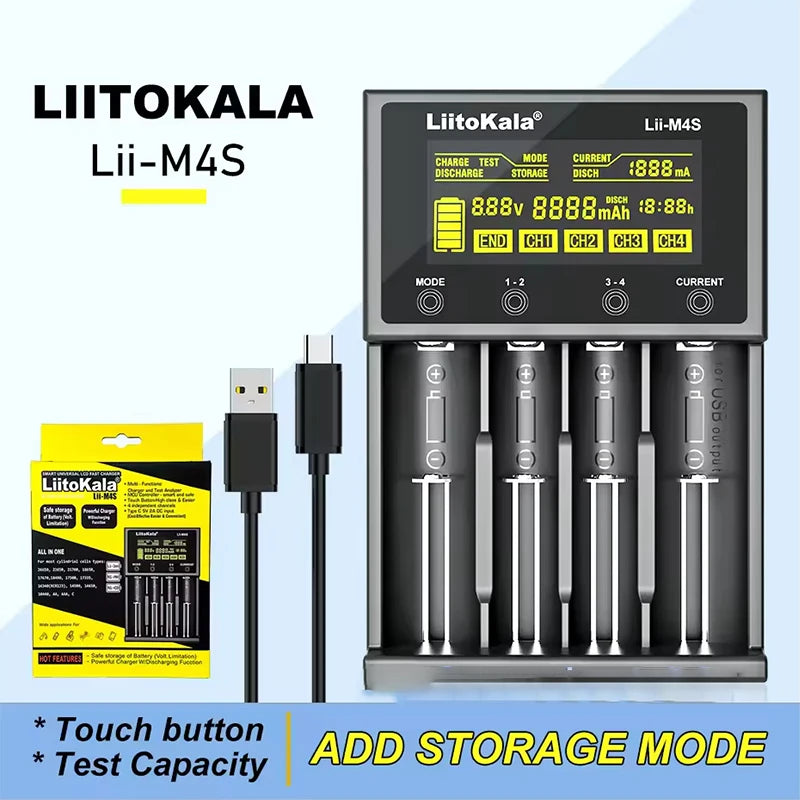 LiitoKala Lii-M4 M4S 18650 LCD Display Smart Charger Test Capacity Suitable For 3.7V 26650 18350 21700 18500 1.2V AA AAA 4 Slots