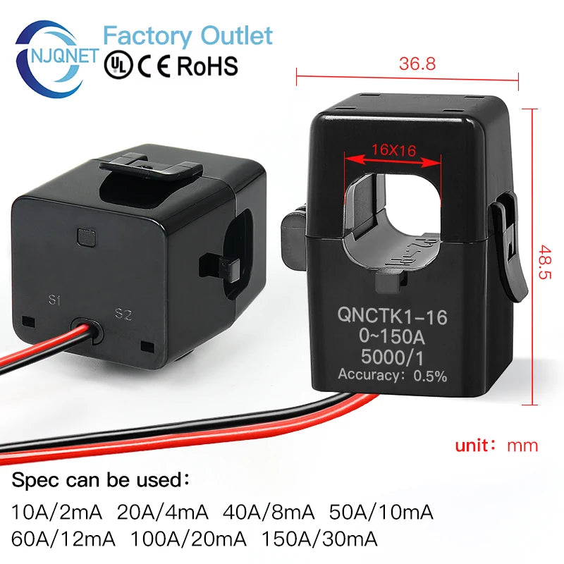 Split Core Current Transformer CT QNCTK1-10 5A 5mA 5A 2.5mA 2000 1 1000 QNCTK1-16 100A 50mA 100A 40mA Clamp Current Sensor
