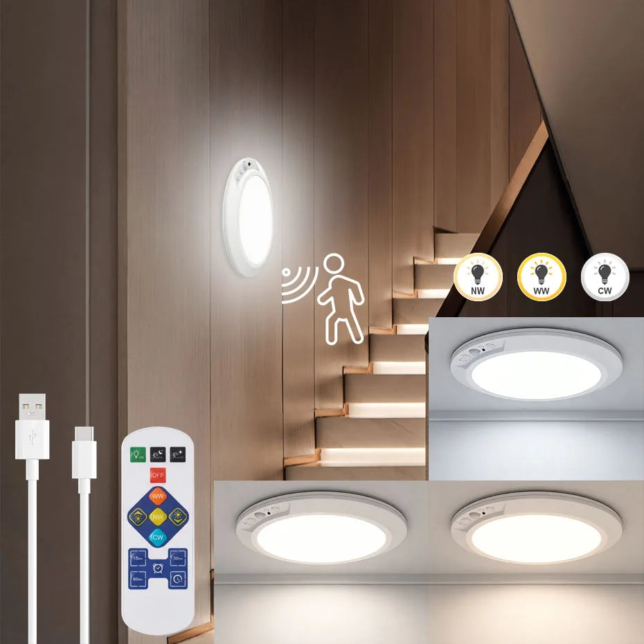 Motion Sensor Ceiling Light USB Rechargeable 4000mAh Battery Magnetic Wireless Wall Lamp Remote Dimmable 3000K-6000K