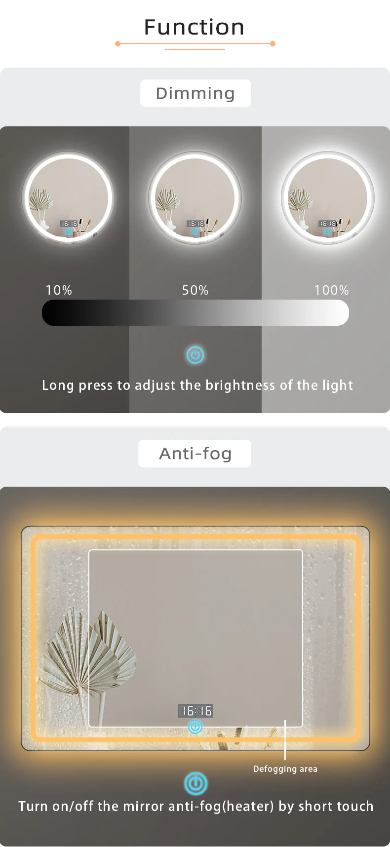 DC12V Touch Dimmer 5A 60W Single-Button Touch Time and Temperature Display LED Sensor Switch, Suitable for Bathroom Mirrors