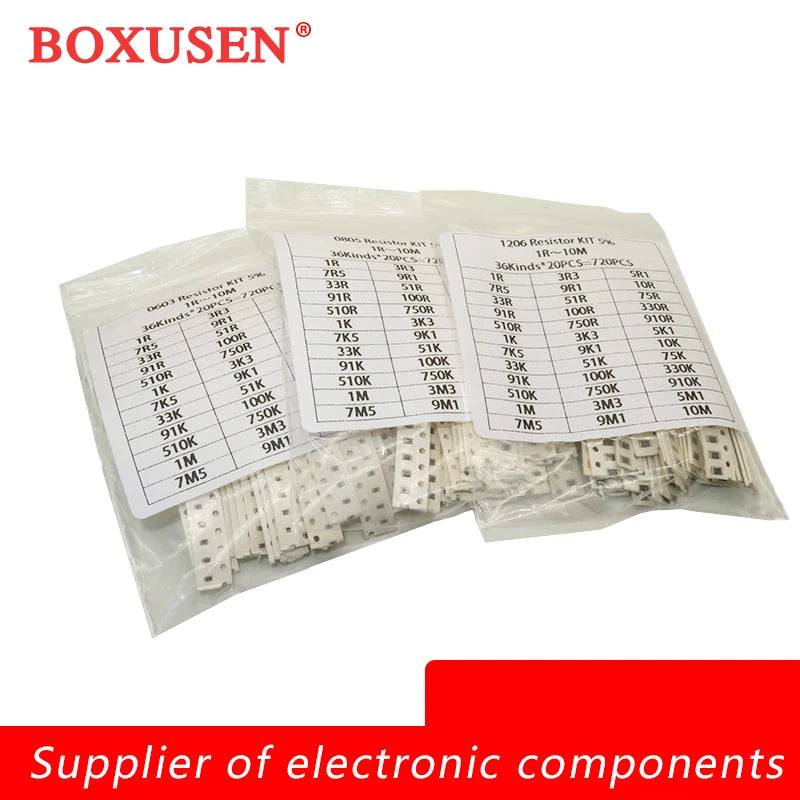 36Value * 20PCS =720PCS 0805 0603 1206 SMD Resistor Kit 1 ohm- 10M ohm Assorted Kit