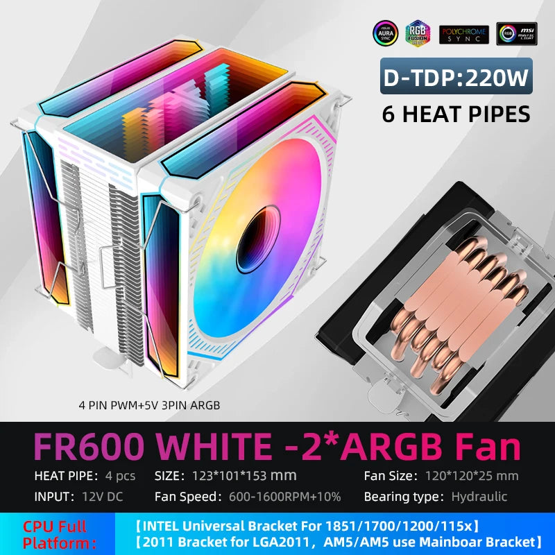 Metalfish CPU Air Cooler 4 6 Heat Pipe PC Radiator Cooling ARGB PWM 12cm Fan For 1851/1700/1200/115X/AM5/AM4/2011/X79/X99