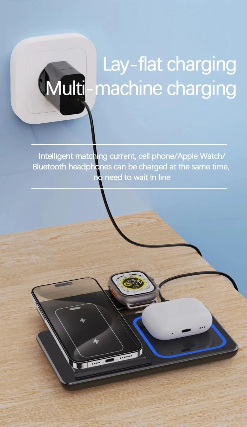 3 in 1 Wireless Charger Stand Foldable 30W LED Fast Charging Station For iPhone 16 15 14 13 12 Apple Watch 9 8 7 6 5 Airpods Pro