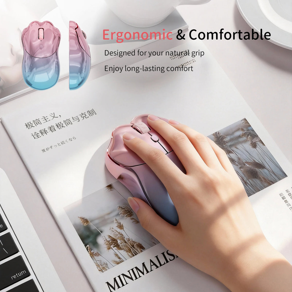SayRose MO‑76 Cute Cat Paw Wireless Mouse 2.4G Bluetooth 5.0 Dual Mode 4‑Level DPI 800‑3200 Rechargeable Type‑C Mice for Laptop PC Mac Office Girl Gift