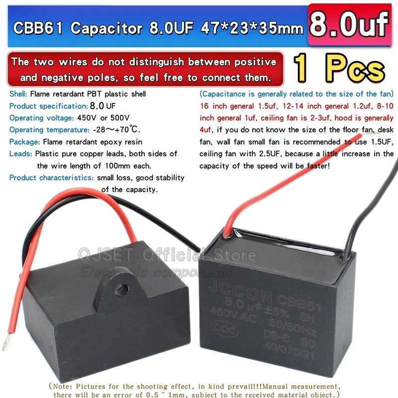 1pcs CBB61 Fan Starting Capacitor 450V 0.8/1/1.2/1.5/2/2.5/3/3.5/4/4.5/5/6/7/8/10/12/15/18/20UF Ceiling Fan Hood Motor Capacitor