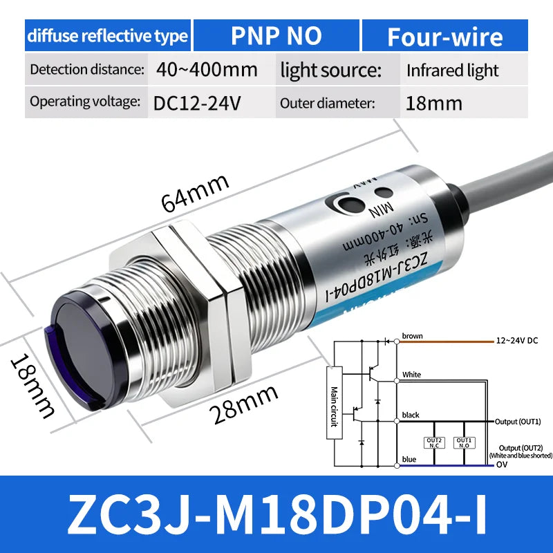 ZHICAN ZC3J M8 M12 M18 Infrared Photoelectric Sensor Diffuse Reflective Adjustable Sensing Distance NPN PNP NO NC