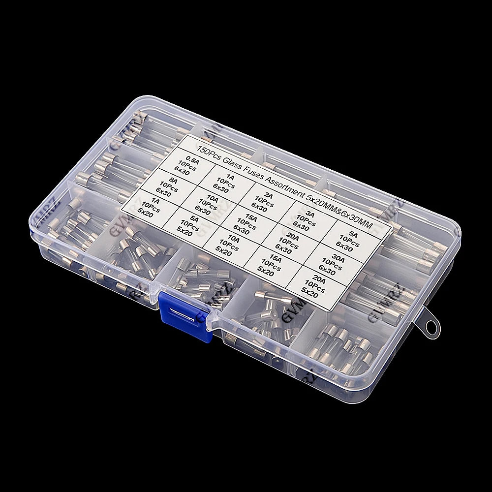 150PCS 0.25A-30A 15value 0.25A 0.5A 1A 2A 3A 5x20mm 6x30mm Glass Fuse Assorted Kit Box 5A 8A 10A 15A 20A 30A