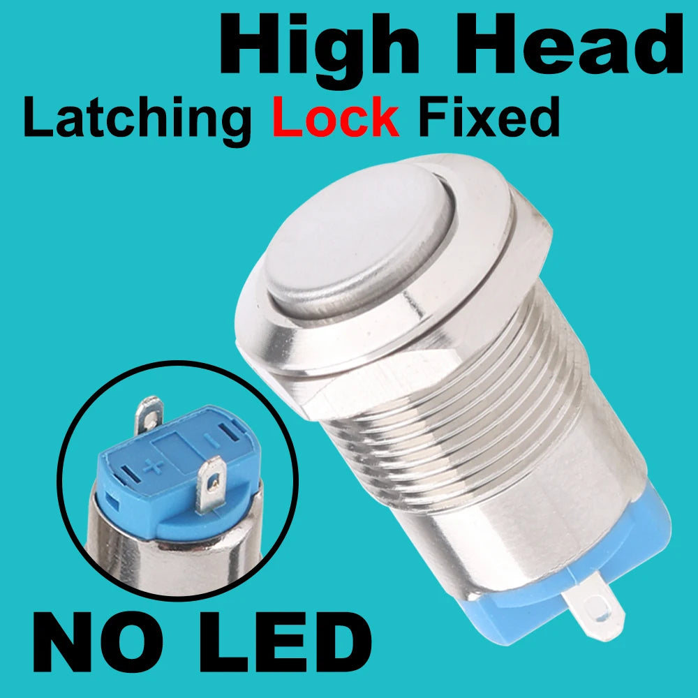 12mm metal push button waterproof nickel plated brass button switch Latching/self-locking/fix high/flat head on-off NO LED