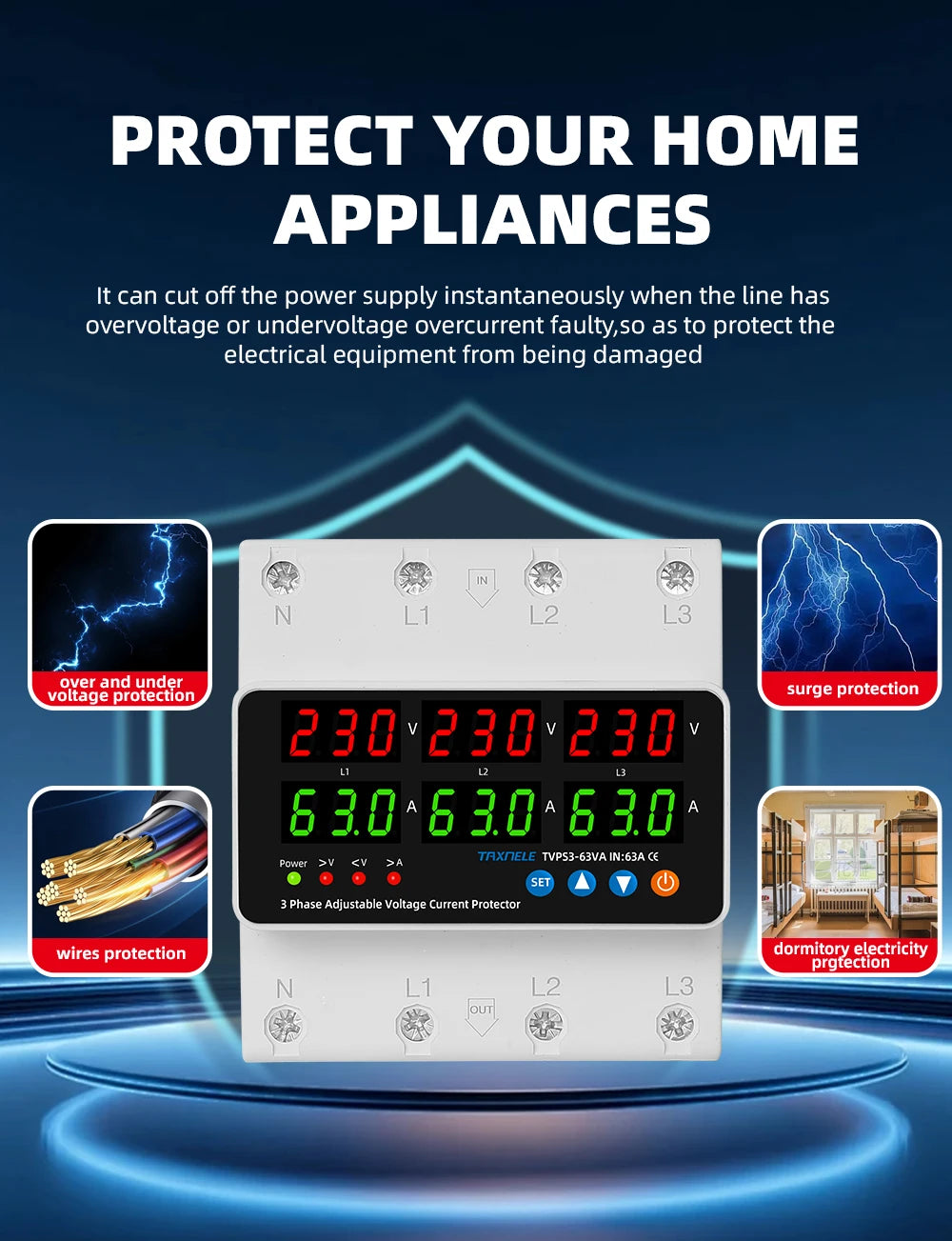 3 Phase Din Rail Voltmeter Ammeter Adjustable Over Under Voltage Current Limit Protection Monitor Relays Protector 63A 100A