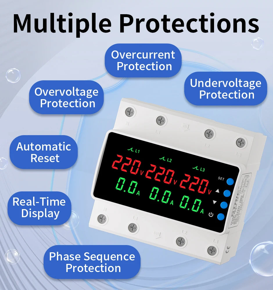 GTRIC Over Under Voltage Protection Device Three-Phase 380V AC Undervoltage Protection 63A Current and Voltage Protection Relay