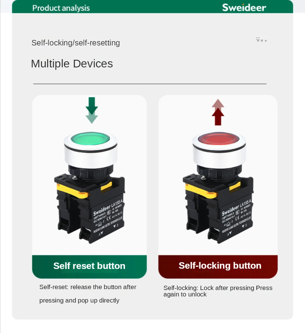 30mm Button Switch Waterproof Momentary Reset Self Locking Power Push Button Switch Flat Head 10A 1NO 1NC 2NO Red Green Yellow