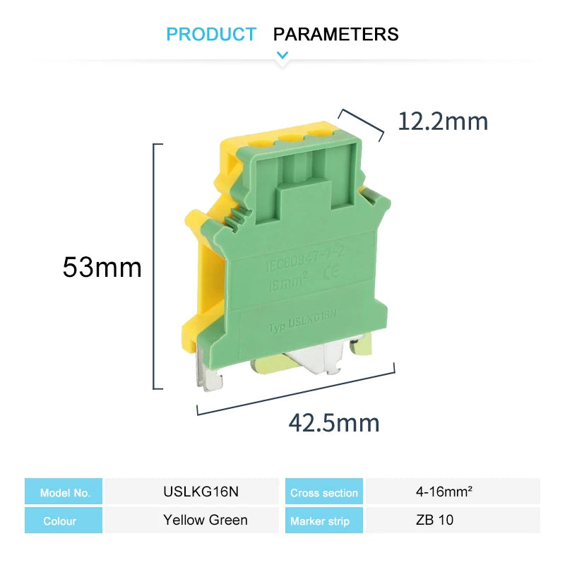 USLKG16N Ground Modular Din Rail Terminal Block, 16 mm² Universal Screw Earth Plug Wire Electrical Connector USLKG-16N