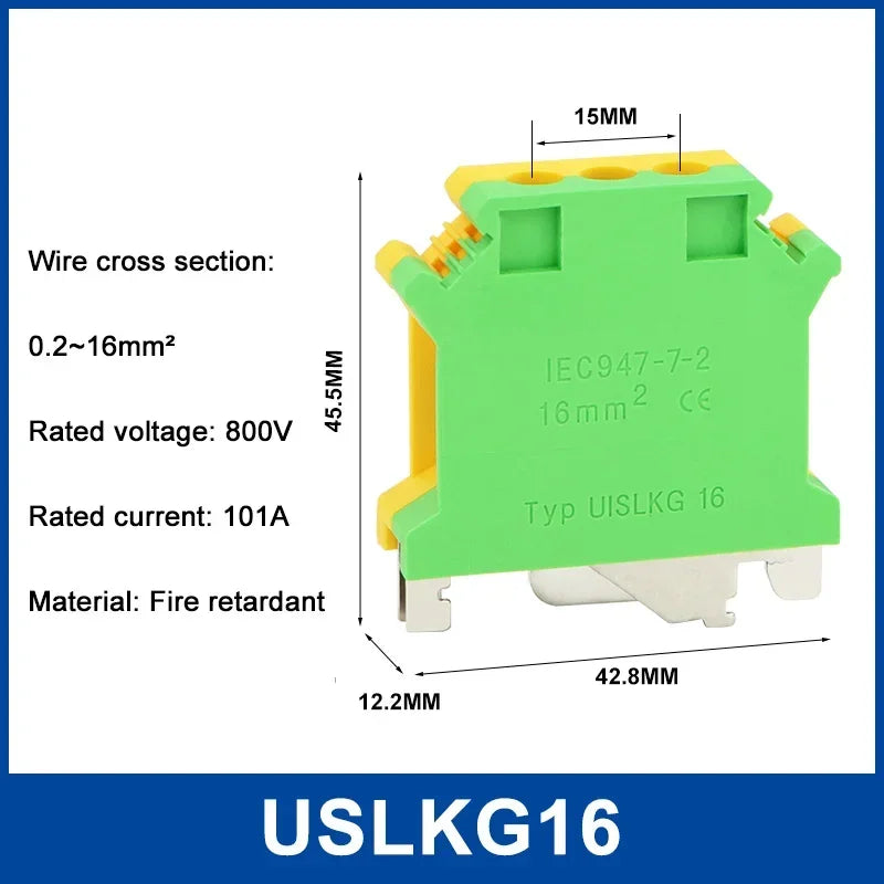 5Pcs USLKG-2.5/3/5/6/10N Terminal Block UK Yellow Green Ground Terminal Block Two-color 34A-101A 800V Rail Ground Terminal Block