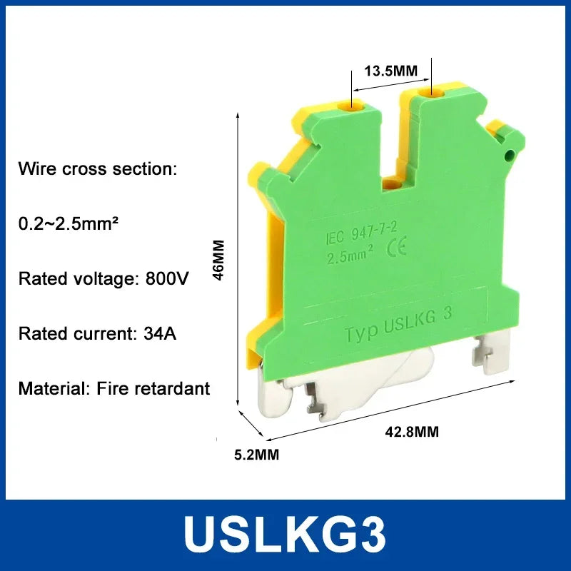 5Pcs USLKG-2.5/3/5/6/10N Terminal Block UK Yellow Green Ground Terminal Block Two-color 34A-101A 800V Rail Ground Terminal Block