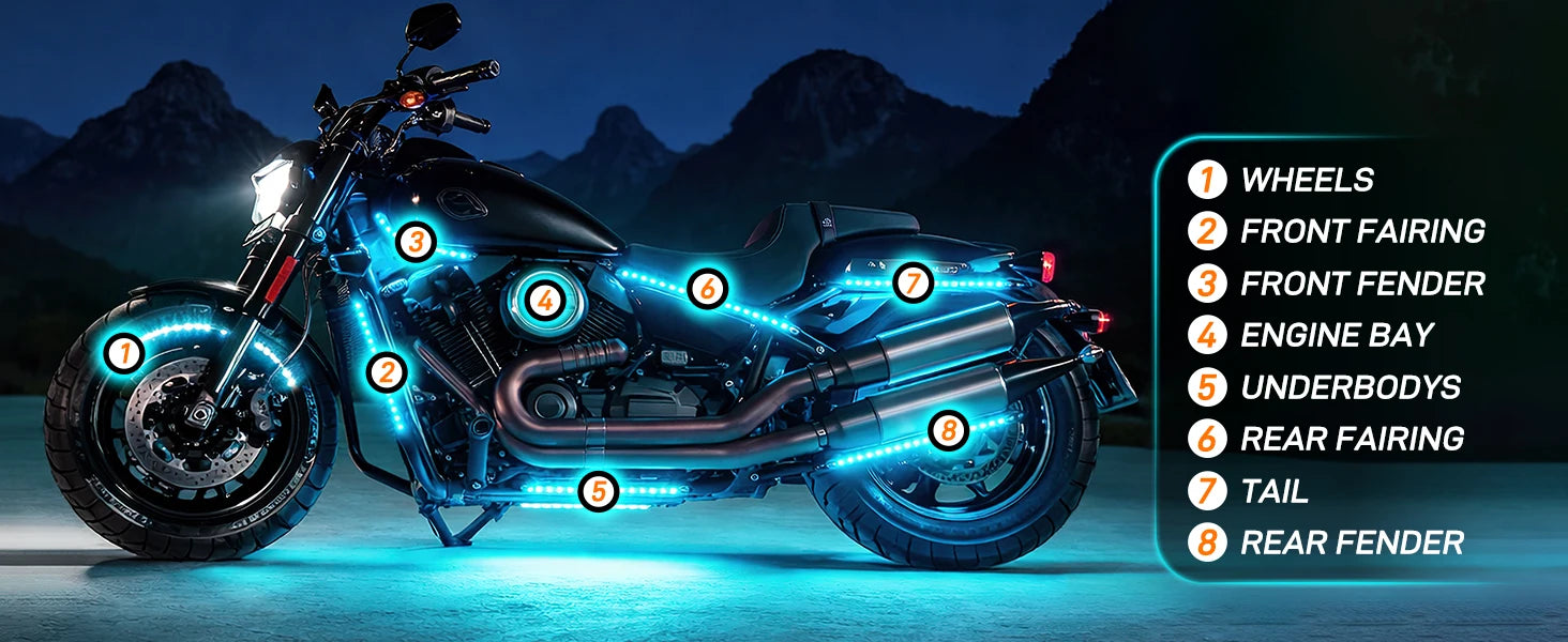 Nilight 8PCS Motorcycle RGB Led Light Kit Waterproof Multi-Color Atmosphere Lights Lamp with 4Key RF Wireless Remote for Harley Davidson Honda Kawasaki Suzuki