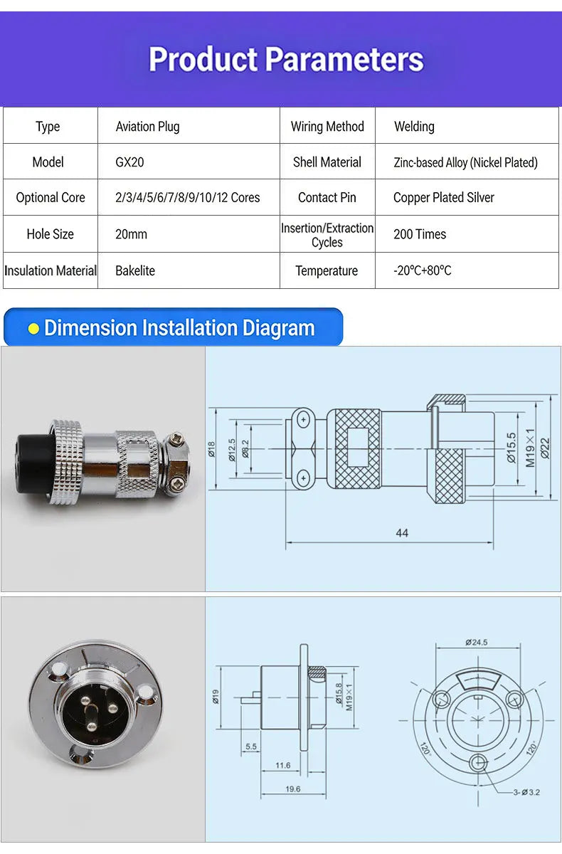 GX20 Flange Butting Type Aviation Plug &Socket 2/3/4/5/6/7/8/9/10/12 Pin Male&Femal Connectors Coppe