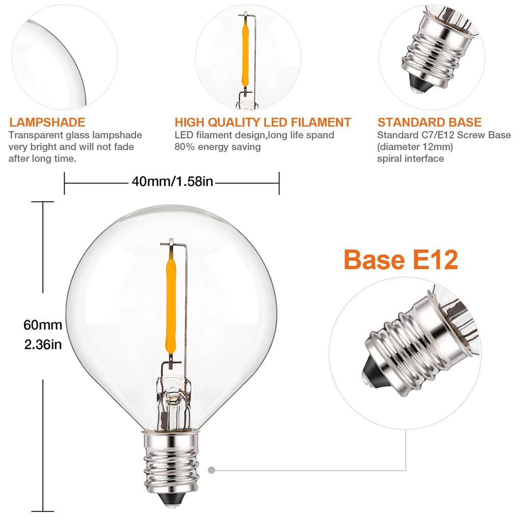 G40 LED String Light Replacement Bulbs E12 220V 110V Globe Light Bulb Warm White 2200K 10W Equivalent Indoor Outdoor Decor