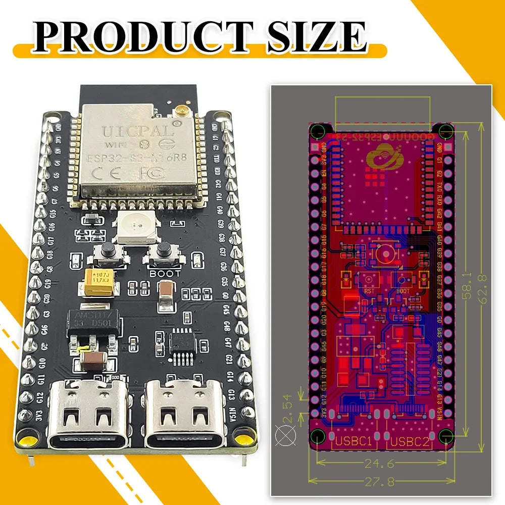 ESP32-S3-DevKitC-1 Development Board Kit With 2.8 Inch TFT LCD BT 2.4G Wifi Module 8MB PSRAM 16MB FLASH N16R8 42Pin CH340C TypeC