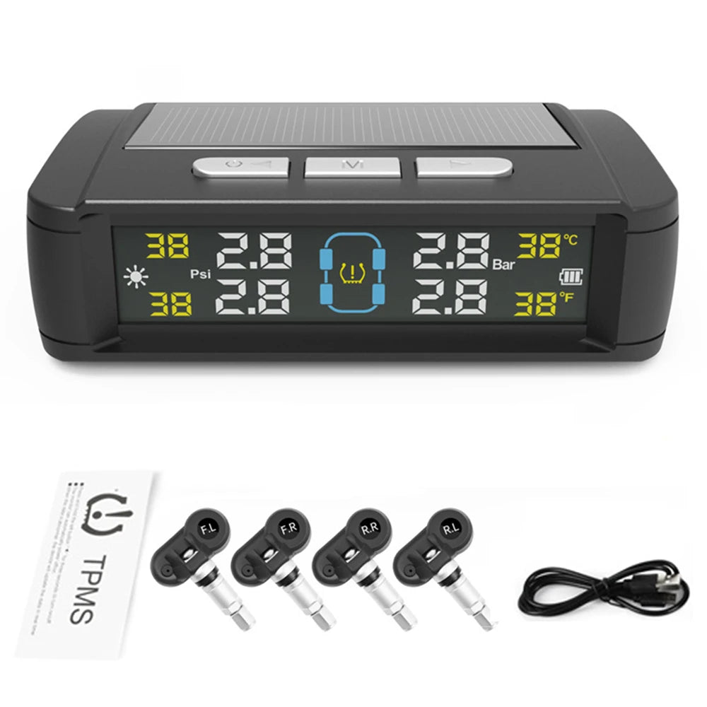 Tire Pressure Monitoring System Auto Security Alarm Systems Solar/USB Powered Tyre Temperature Monitor Car TPMS 4 Sensors