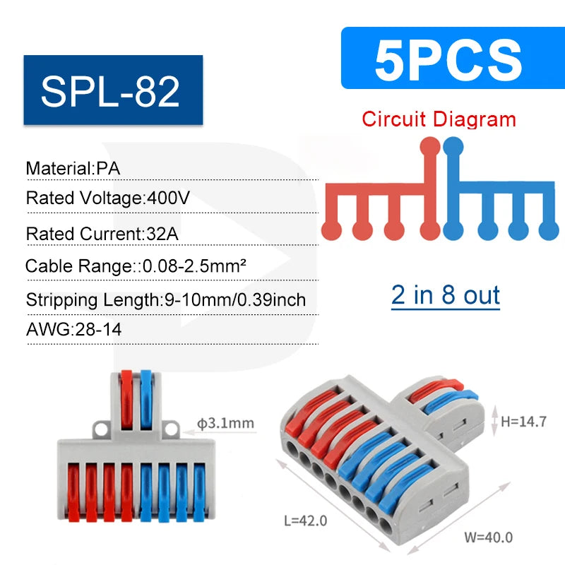 Quick Electrical Connectors Universal Compact Push-in Conductor SPL Splitter Wiring Cable Connector Butt Terminal Block AWG28-12