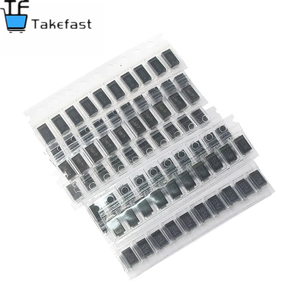Takefast 90pcs SMD Diode Kit 1N4007 1N4001 1N4004 SS14 SS16 SS24 SS26 SS34 SS36 9 Values X10pcs Rectifier Diodes Schottky