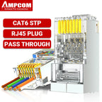 AMPCOM RJ45 Connector 50U Gold Plated CAT7 CAT6 CAT5E Pass through Modular Plug 8P8C Crimp End for Solid Wire Stanrded Ethernet