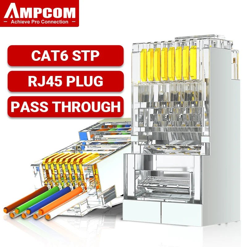 AMPCOM RJ45 Connector 50U Gold Plated CAT7 CAT6 CAT5E Pass through Modular Plug 8P8C Crimp End for Solid Wire Stanrded Ethernet