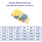 1% 5%  Metal Film Resistor Assortment Kit 1/4W 1/2W 1W 2W 3W 5W Through Hole 30/41/130 Values Electronic Components 300 600 2600
