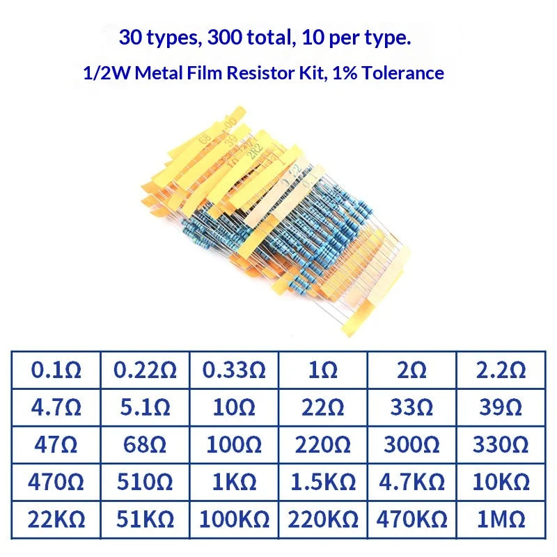 1% 5%  Metal Film Resistor Assortment Kit 1/4W 1/2W 1W 2W 3W 5W Through Hole 30/41/130 Values Electronic Components 300 600 2600