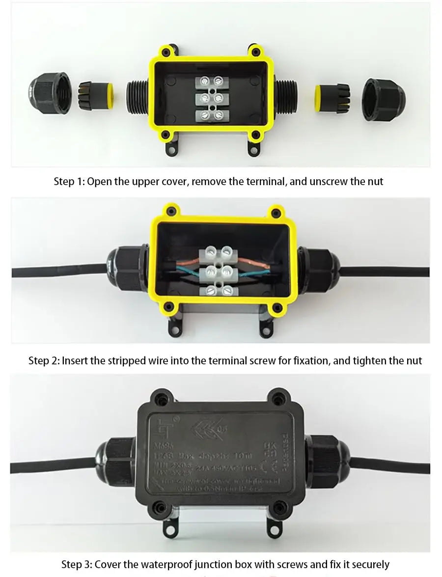 IP68 Waterproof Junction Box 2Way 1IN1OUT M20 Cable Glands Ø4-8mm 6-11mm Wire Range Outdoor LED Underground Lighting Connector