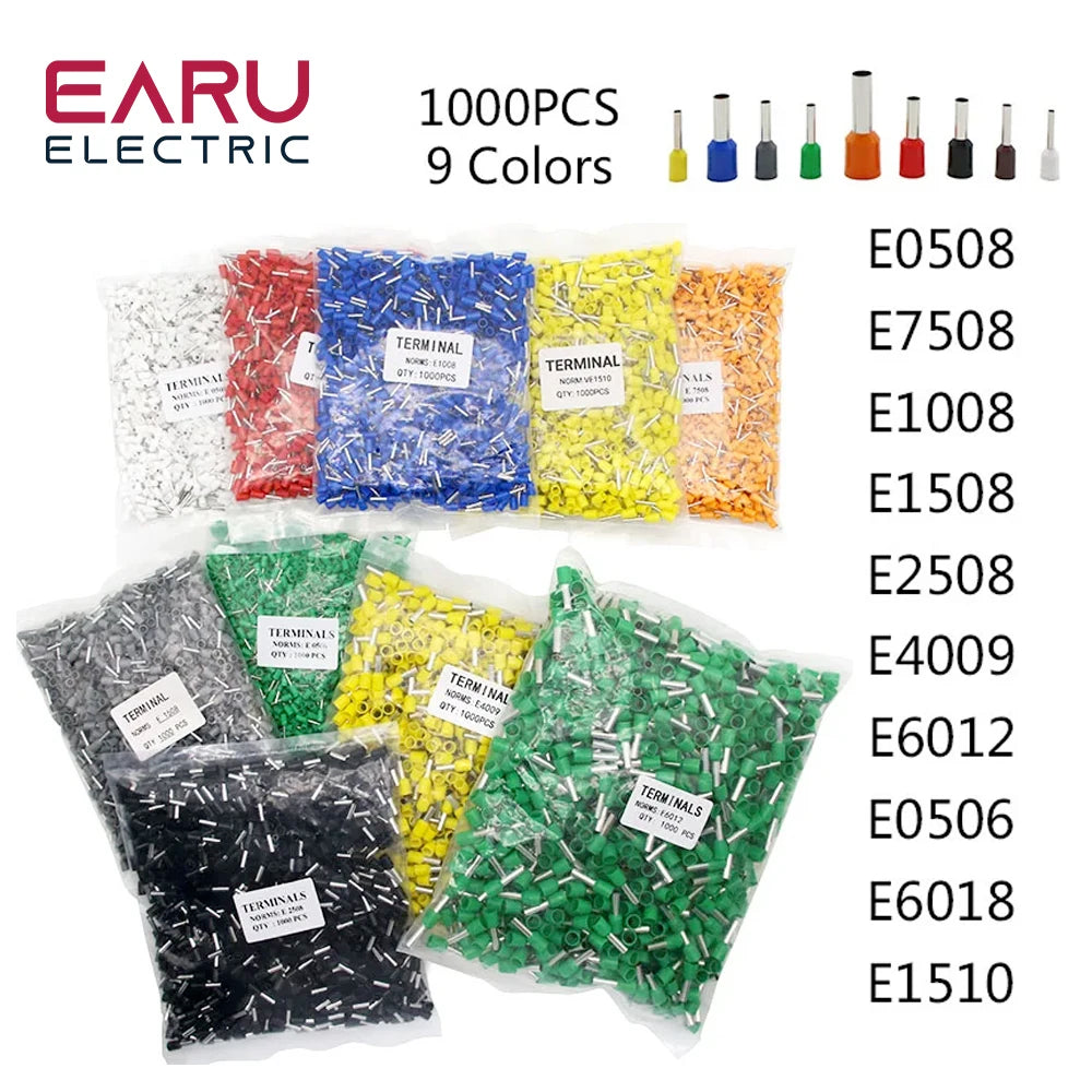 1000pcs/Pack E0508 E7508 E1008 E1508 E2508 Insulated Ferrules Terminal Block Cord End Wire Connector Electrical Crimp Terminator