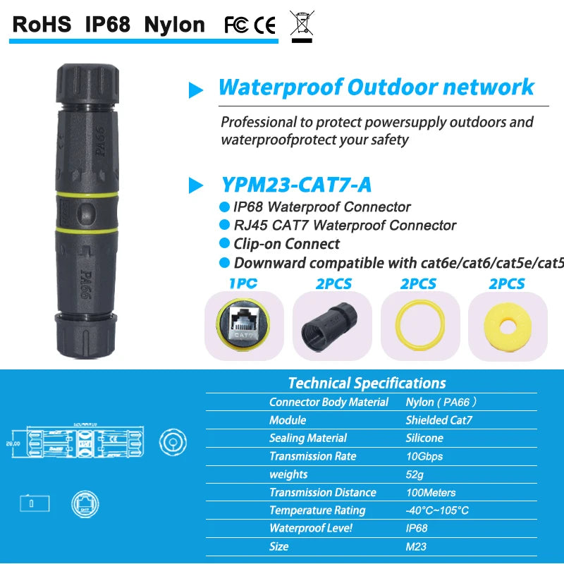 Cat7 Waterproof RJ45 Coupler, Waterproof Ethernet Connector Shielded IP68 Female to Female Waterproof Ethernet Coupler