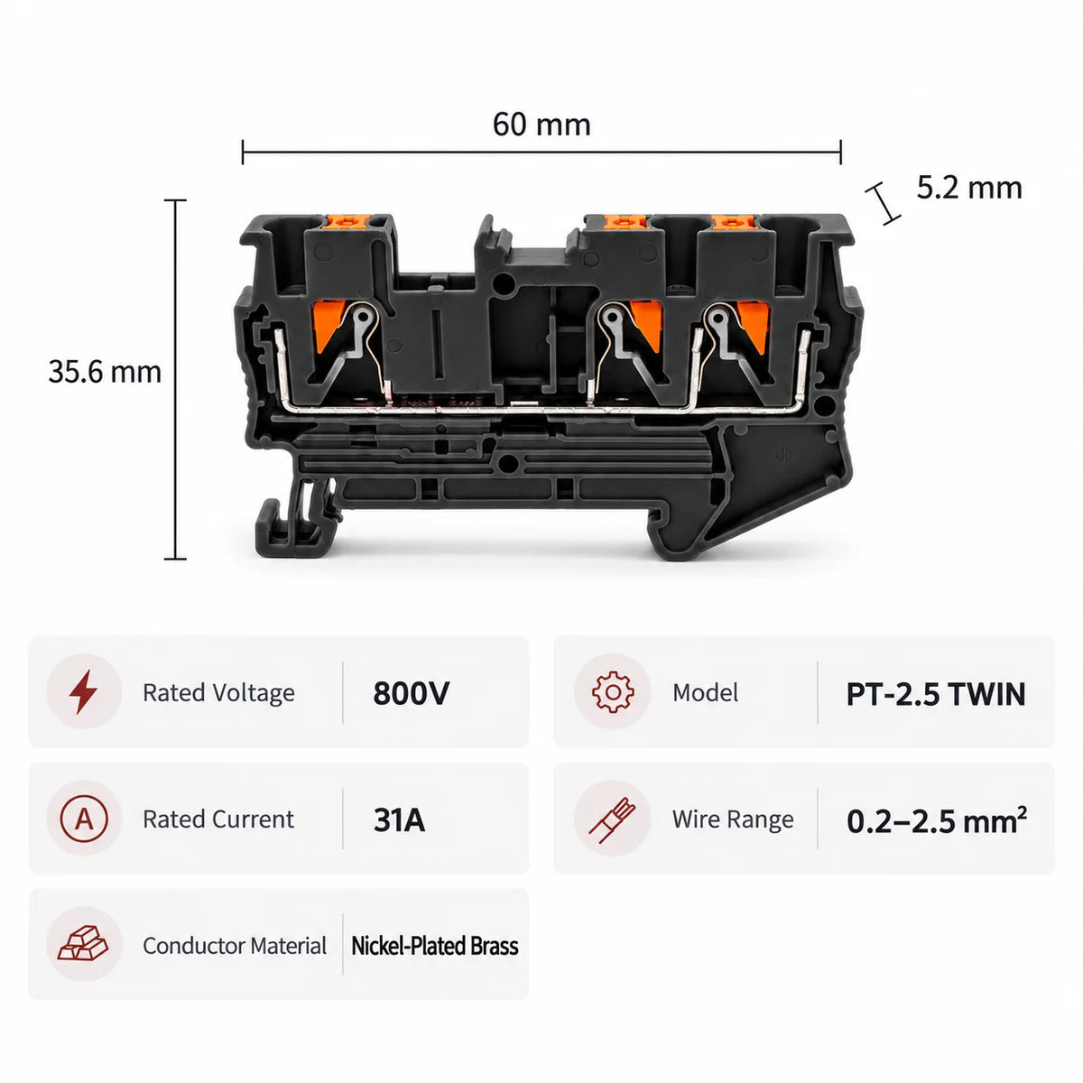 10PCS PT2.5-TW DIN Rail Terminal Block Twin 3-Conductor Feed Through Push In Spring Connector 2.5mm2 NS35 Electrical Wiring