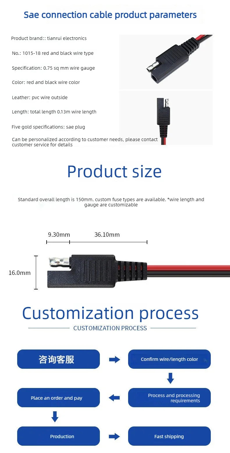 5PCS SAE Single-ended Cable Power Extension Connector Plug Cable Solar Panel Battery Adapter Quick Connect